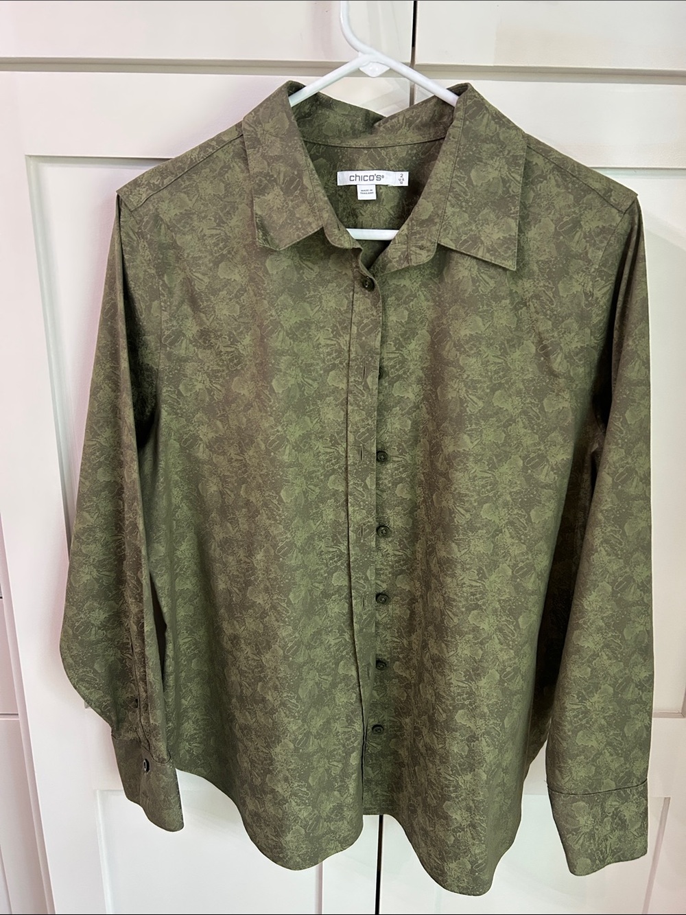 Chico's Olive Floral-Print Button Down Shirt